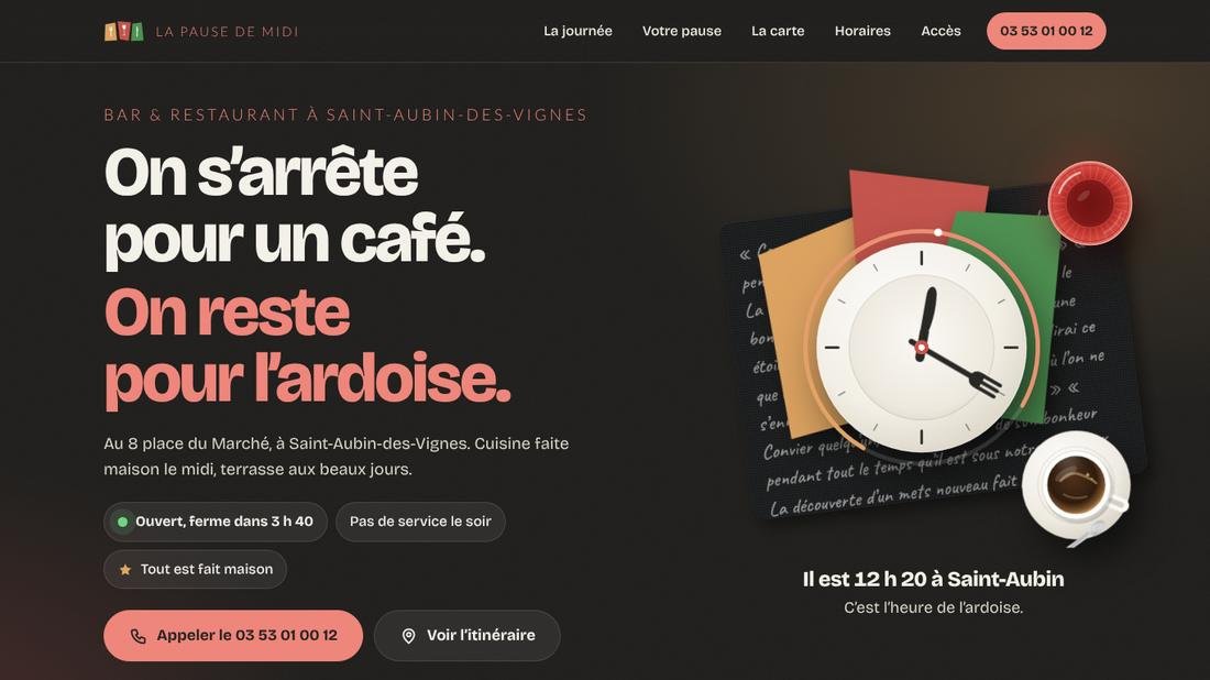 L’ouverture d’un site de restaurant : une assiette dont le couteau et la fourchette donnent l’heure, à côté du titre « On s’arrête pour un café. On reste pour l’ardoise. »